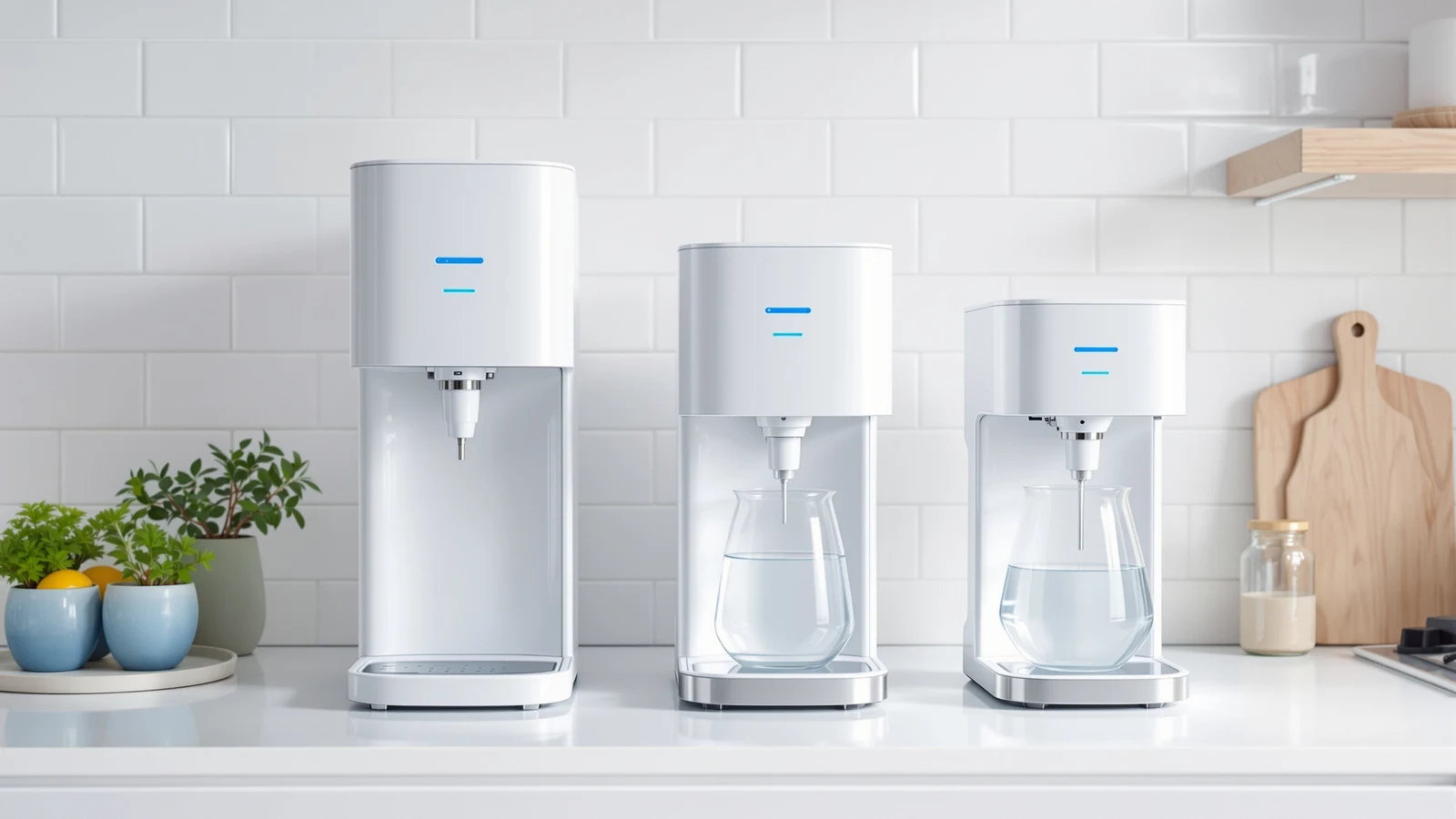 White countertop reverse osmosis water purifier with a glass carafe sitting on a kitchen counter, no plumbing connections