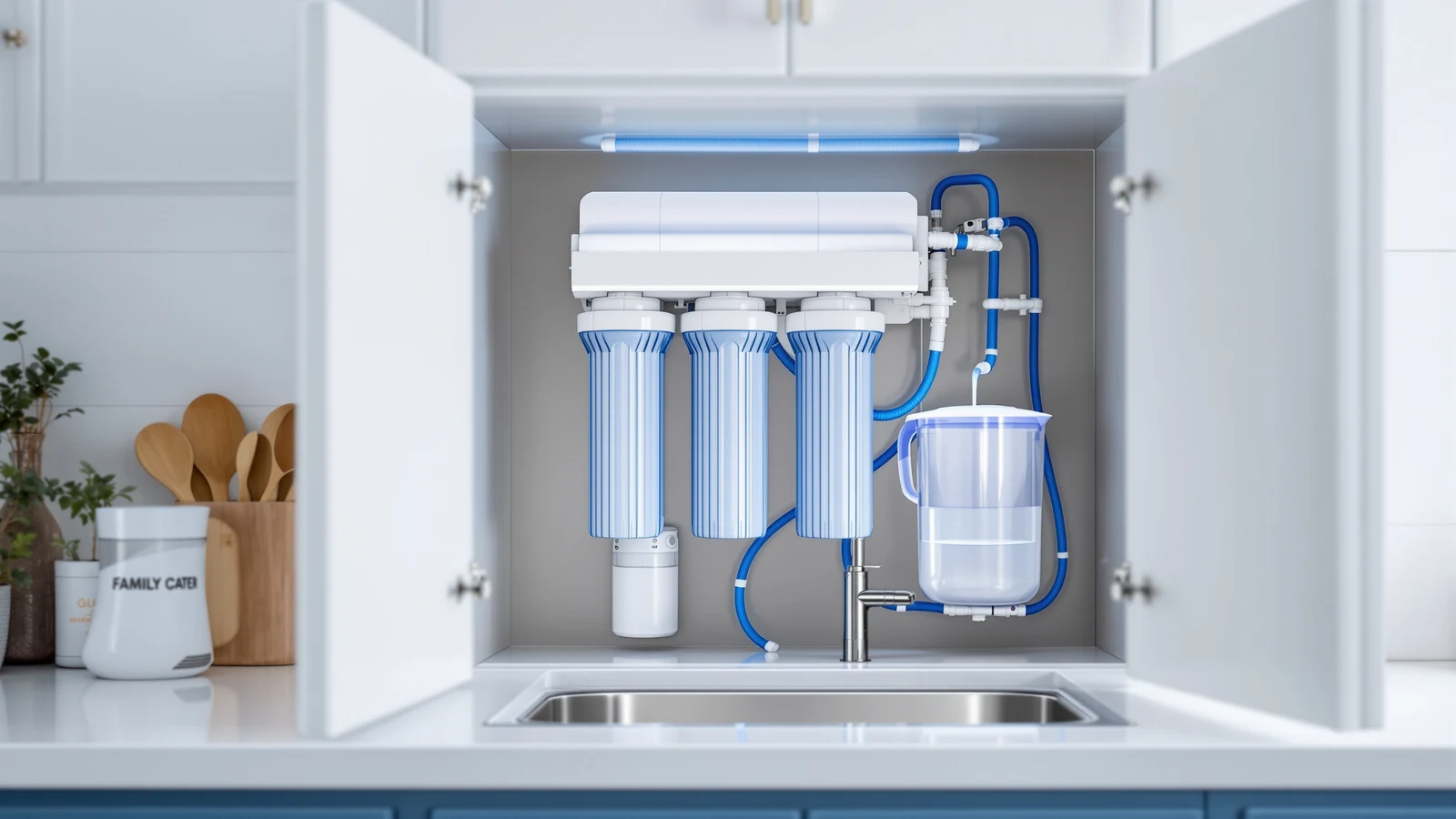 Under-sink tankless reverse osmosis system installed in a busy family kitchen with a large stockpot being filled at the sink