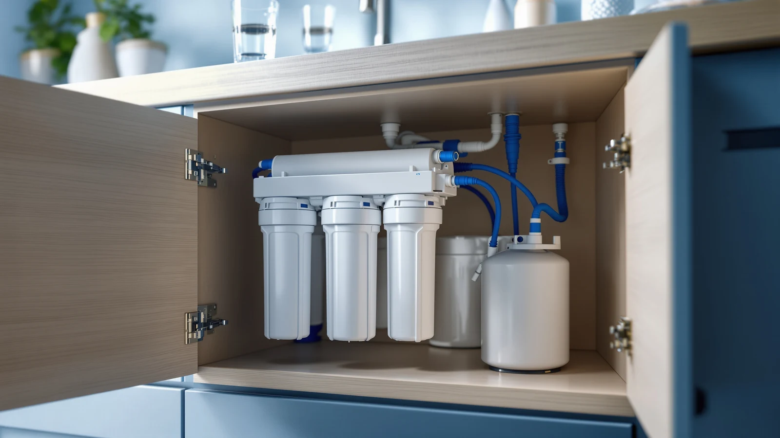 Compact white under-sink reverse osmosis system with standard filter housings, positioned as a budget-friendly option in a kitchen cabinet