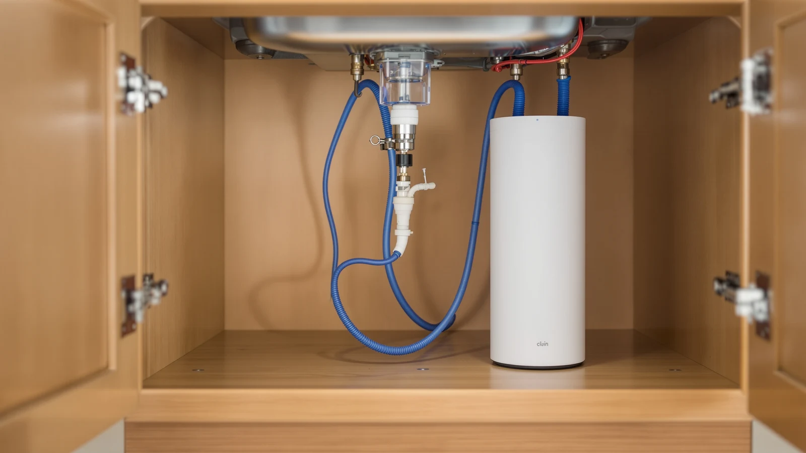 Slim tankless reverse osmosis system installed under a kitchen sink with no bulky storage tank taking up cabinet space