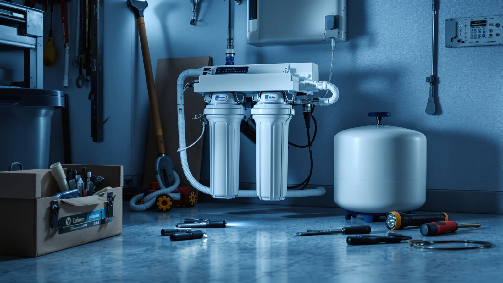 A disassembled under-sink reverse osmosis system with filter housings, tank and tubing laid out on a counter for inspection before resale