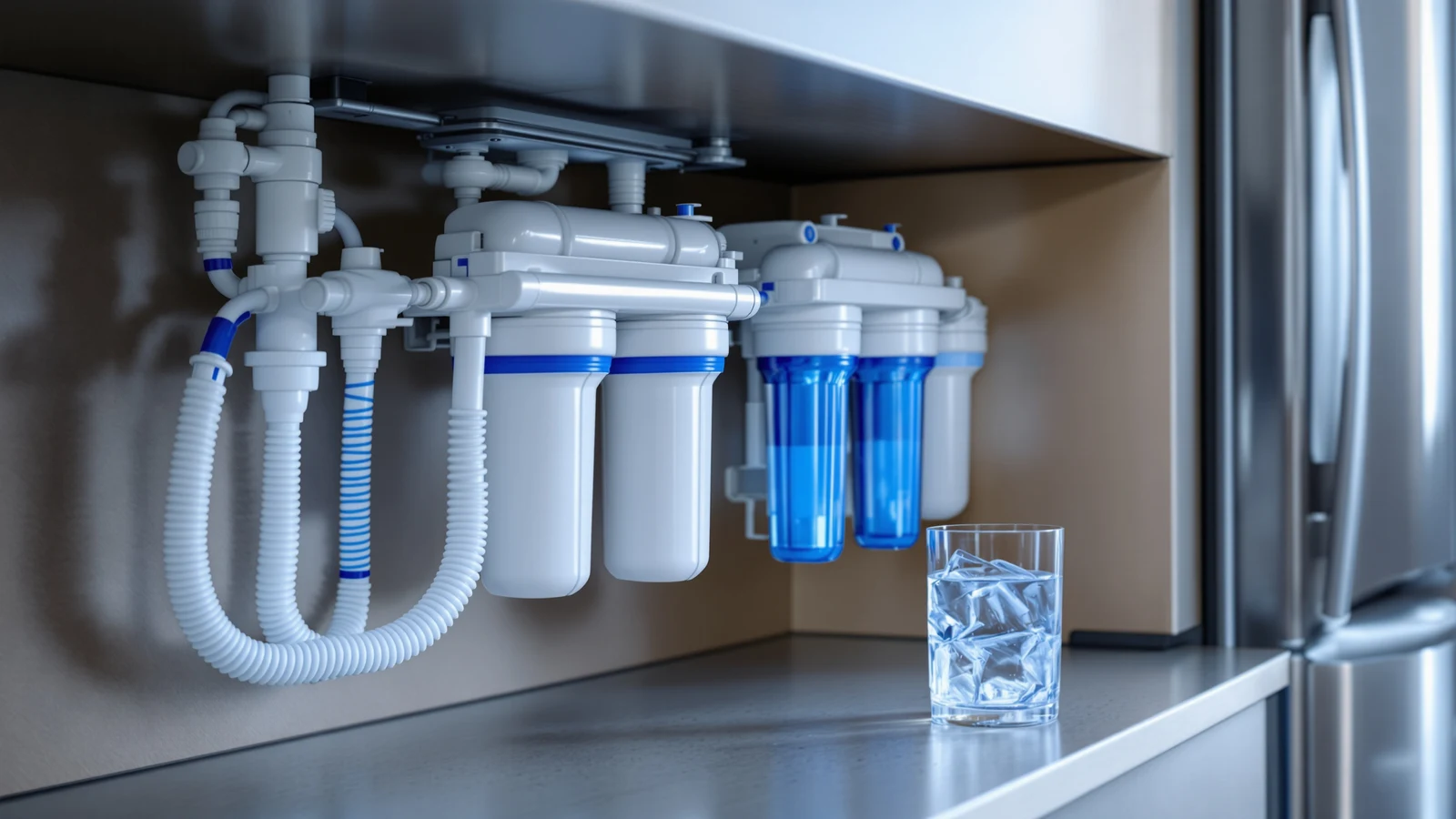 A quarter-inch tubing tee splicing off an under-sink reverse osmosis line, with the branch routed toward a refrigerator across the kitchen