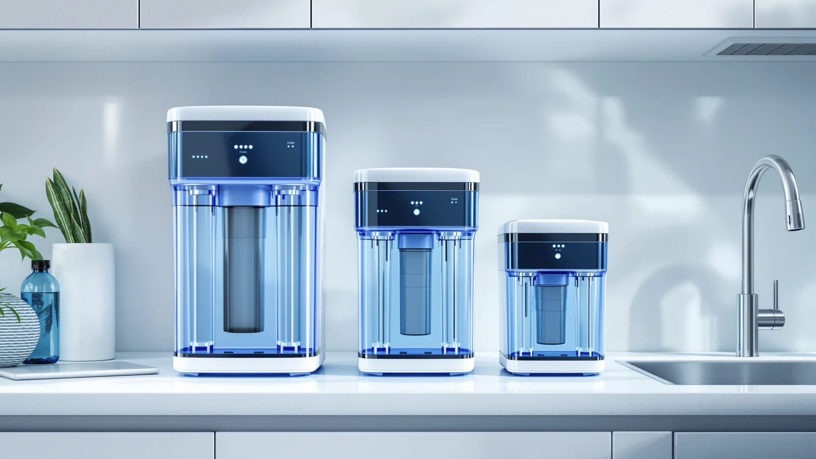 Three countertop reverse osmosis systems on a kitchen counter with their feed water tanks and purified water reservoirs visible side by side