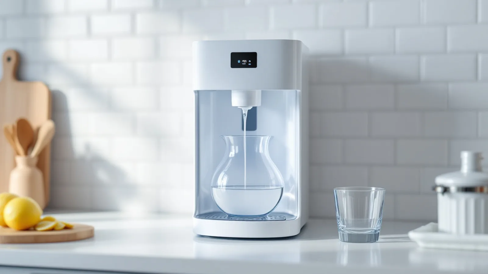 Countertop reverse osmosis water purifier with a glass carafe standing on a kitchen worktop next to a sink