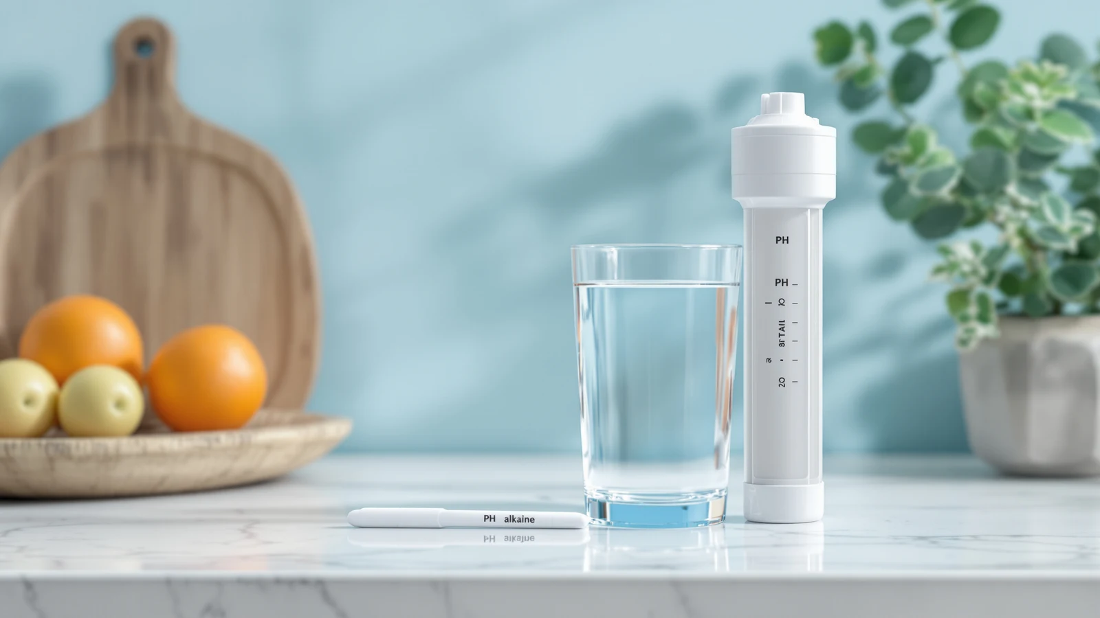Glass of water being filled from a reverse osmosis faucet beside an alkaline remineralization filter cartridge