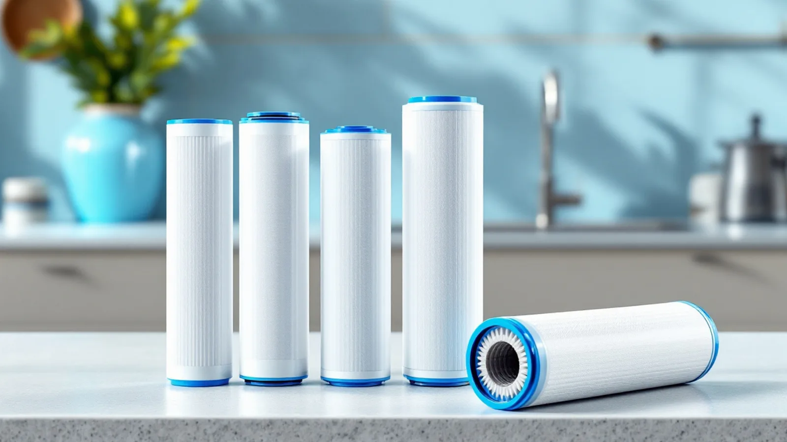 Replacement reverse osmosis filter cartridges laid out on a counter beside an open under-sink filtration system