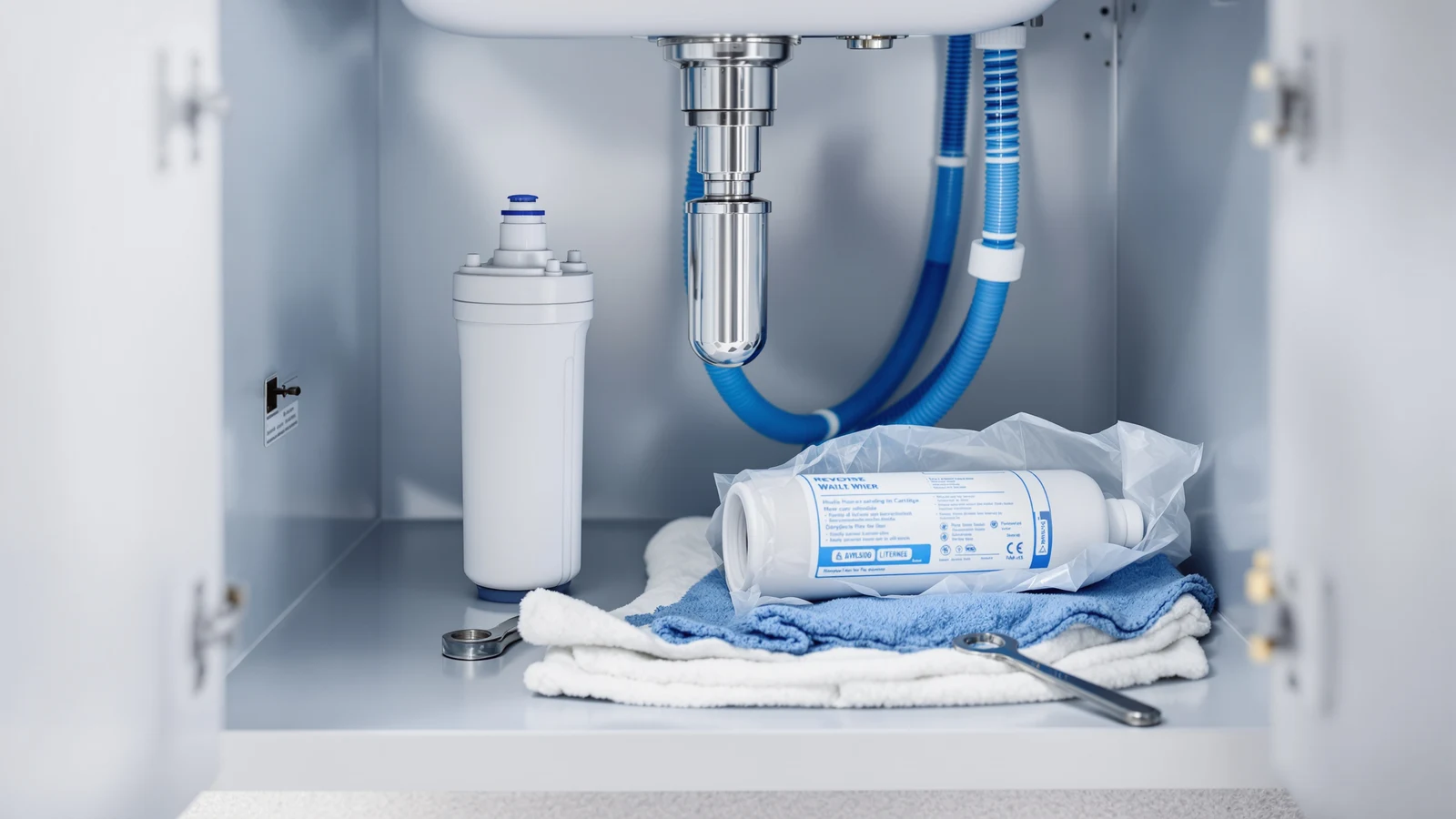 Gloved hands sanitizing an open reverse osmosis filter housing on a towel, with a fresh cartridge and a spare O-ring laid out beside a drained storage tank