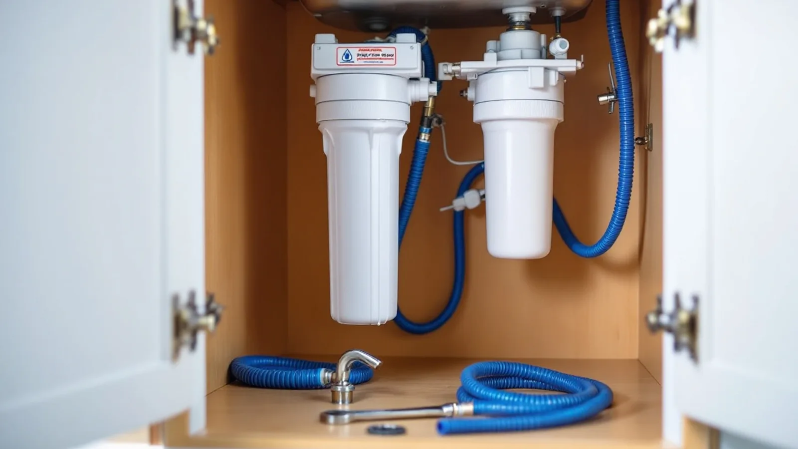 Under-sink reverse osmosis system being installed inside a kitchen cabinet, with filter housings, quarter-inch tubing and a feed valve on the cold water line