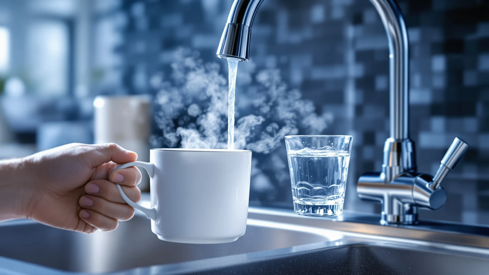 Under-sink reverse osmosis system with a dual hot-and-cold dispense faucet mounted beside a kitchen sink