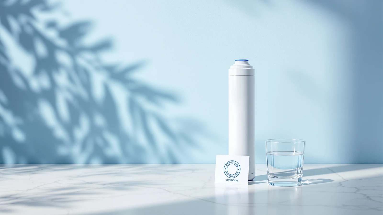 Reverse osmosis filter cartridges and a certification seal on a counter, representing NSF and WQA water treatment certification marks