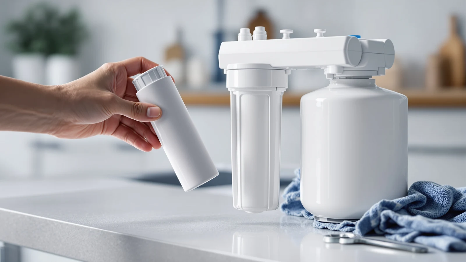 A twist-and-pull quick-change filter cartridge beside a threaded standard 10-inch reverse osmosis filter housing and wrench