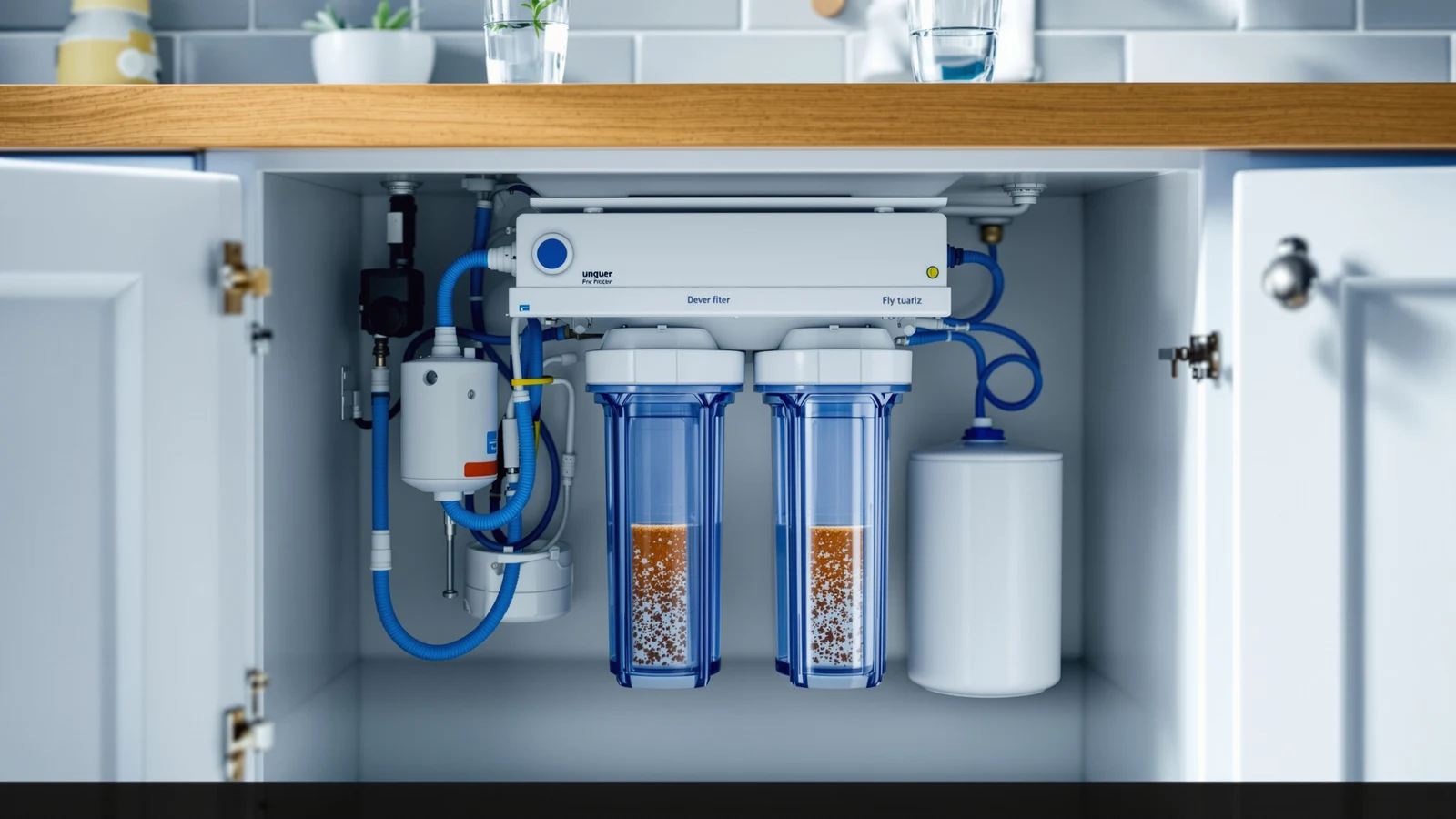 Under-sink reverse osmosis pre-filter housings and a well water sample jar on a counter
