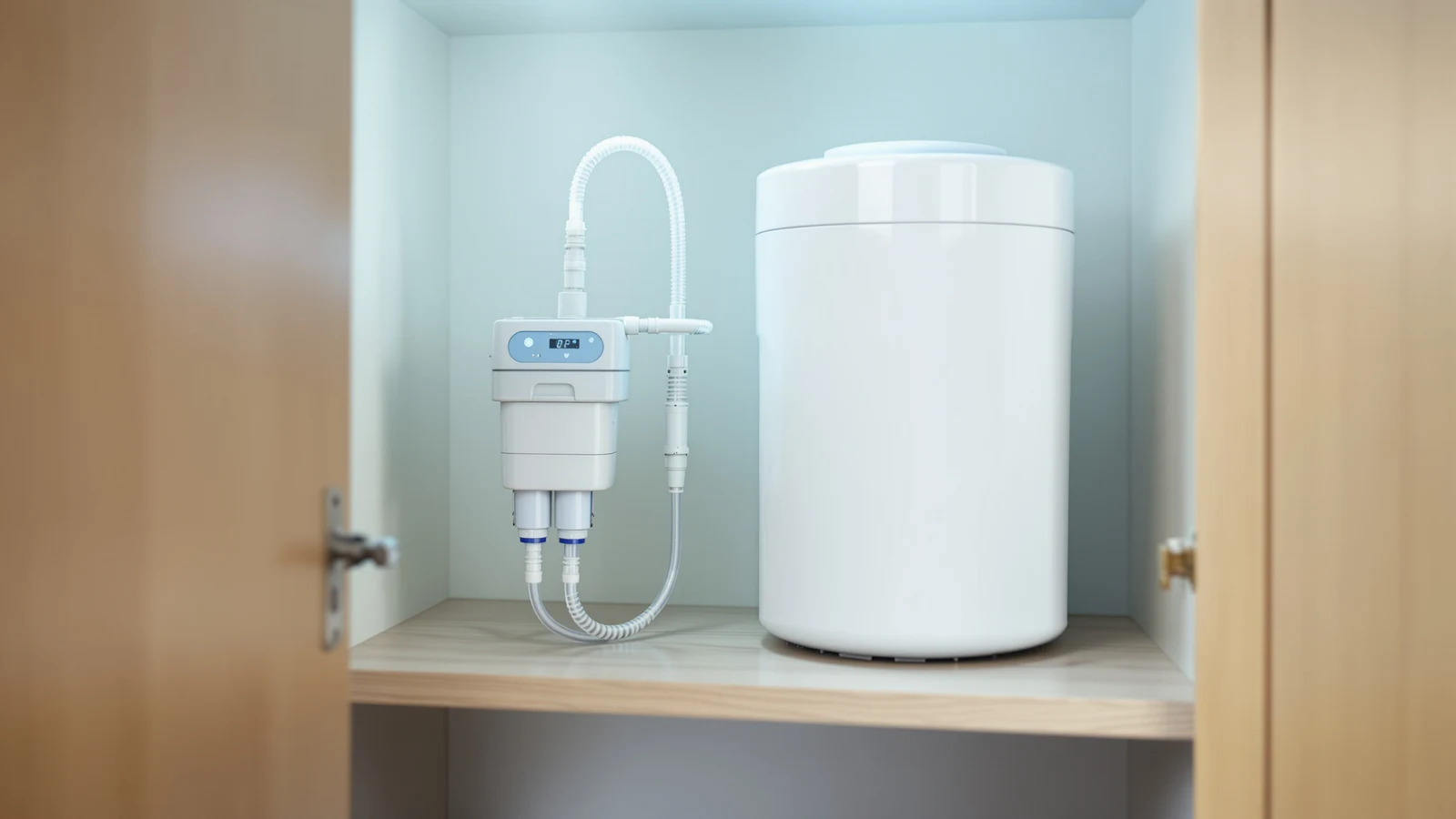 A small permeate pump mounted on the side of an under-sink reverse osmosis storage tank, with the drain and tank lines connected