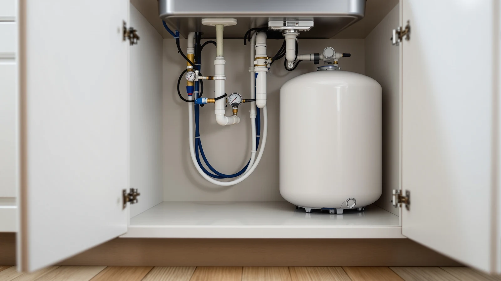 Reverse osmosis storage tank installed under a kitchen sink alongside filter housings, showing the tank's air valve and outlet fitting