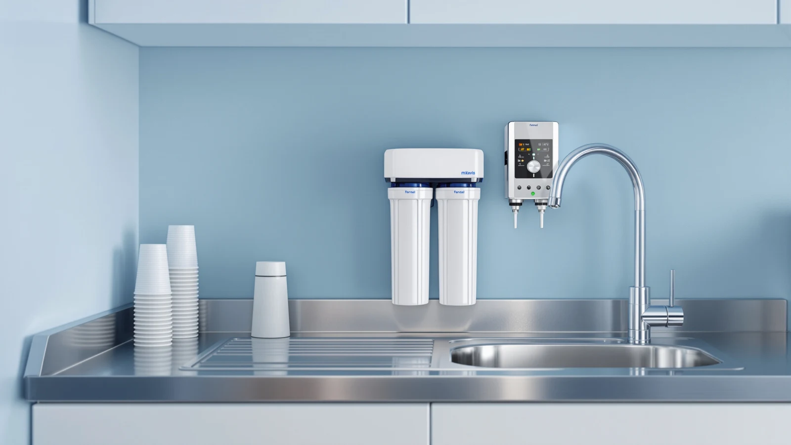 Compact tankless reverse osmosis system installed under a small office kitchenette sink beside shared cups and a coffee maker