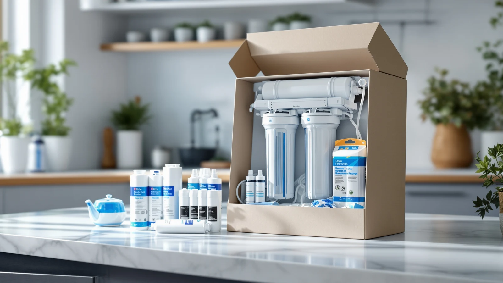 An under-sink reverse osmosis system box next to a second, sealed set of replacement filter cartridges