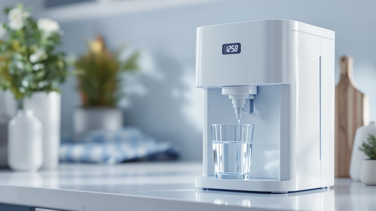 Countertop reverse osmosis water filter systems with digital touch displays showing TDS and filter-life readouts on a kitchen counter