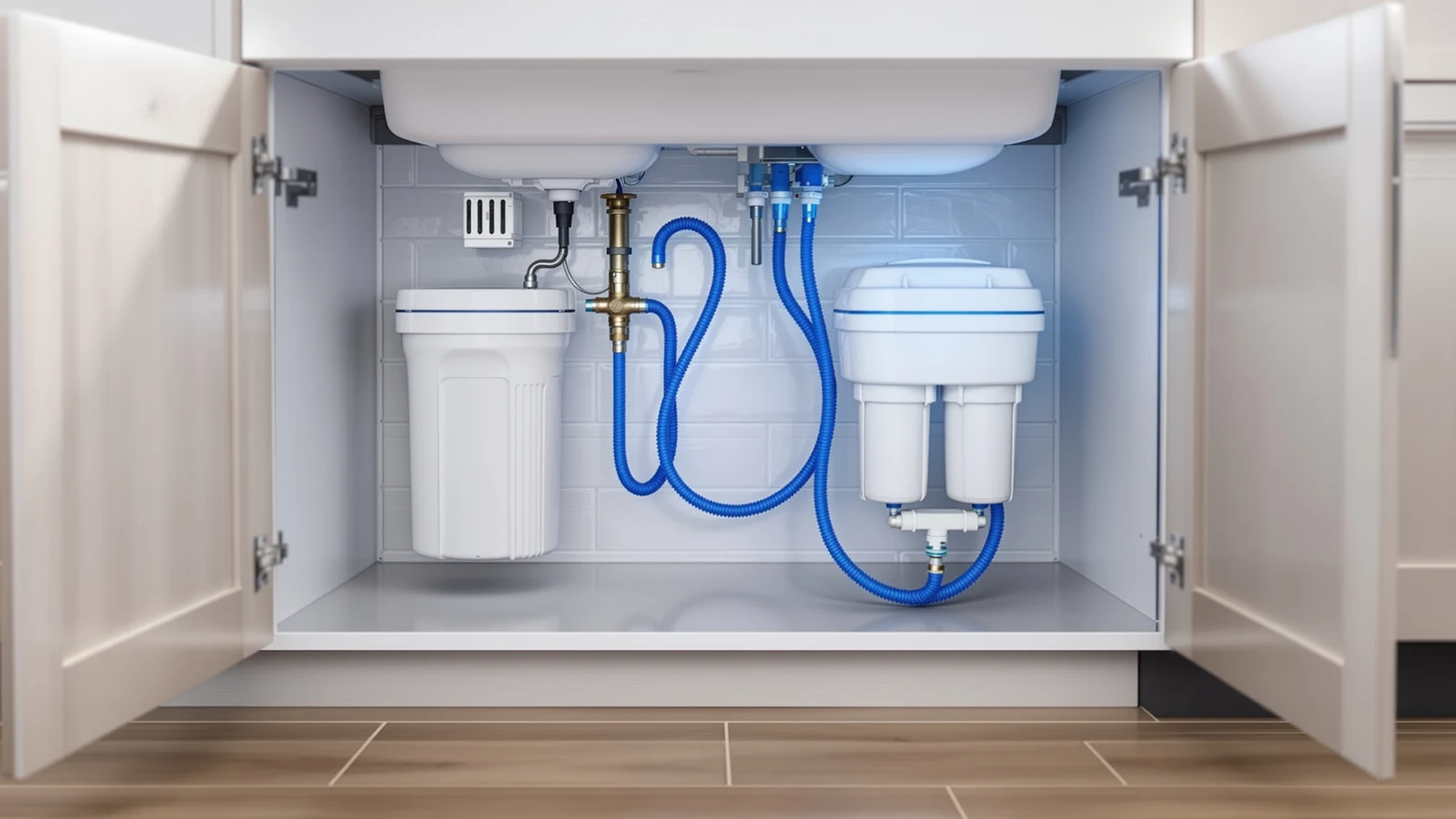 Reverse osmosis supply line tee'd off under a kitchen sink to feed a dishwasher and a coffee maker in addition to the main faucet