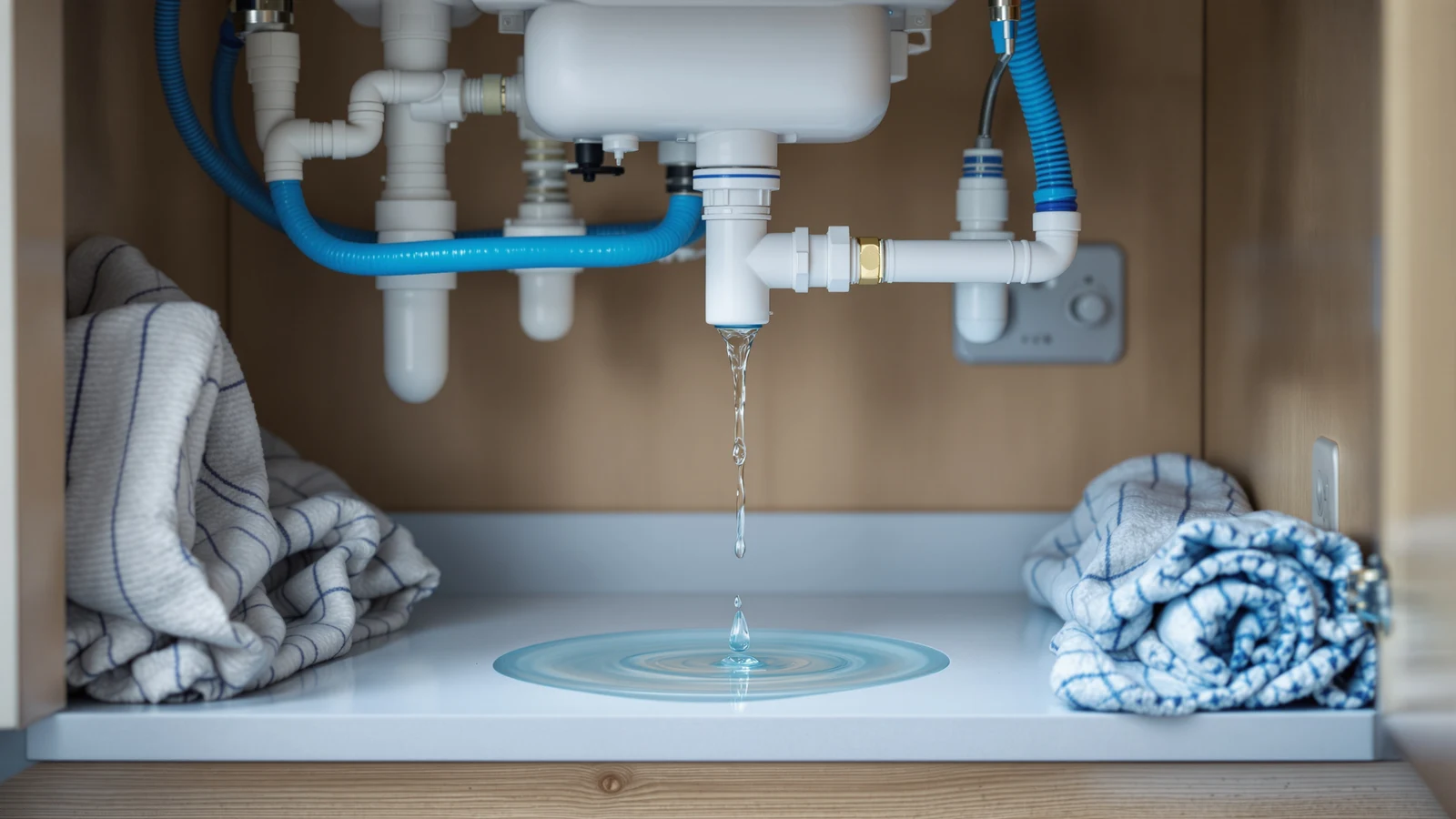 Under-sink reverse osmosis system with cabinet doors open, showing filter housings, tubing and a puddle being checked for the source of a leak