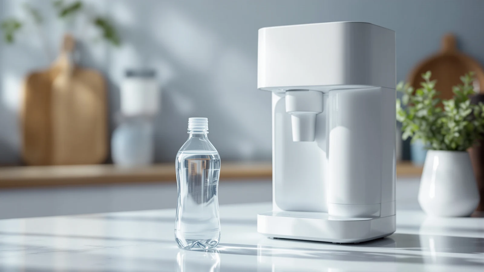 Bottle of infant formula being mixed with water from a reverse osmosis filtration system in a kitchen