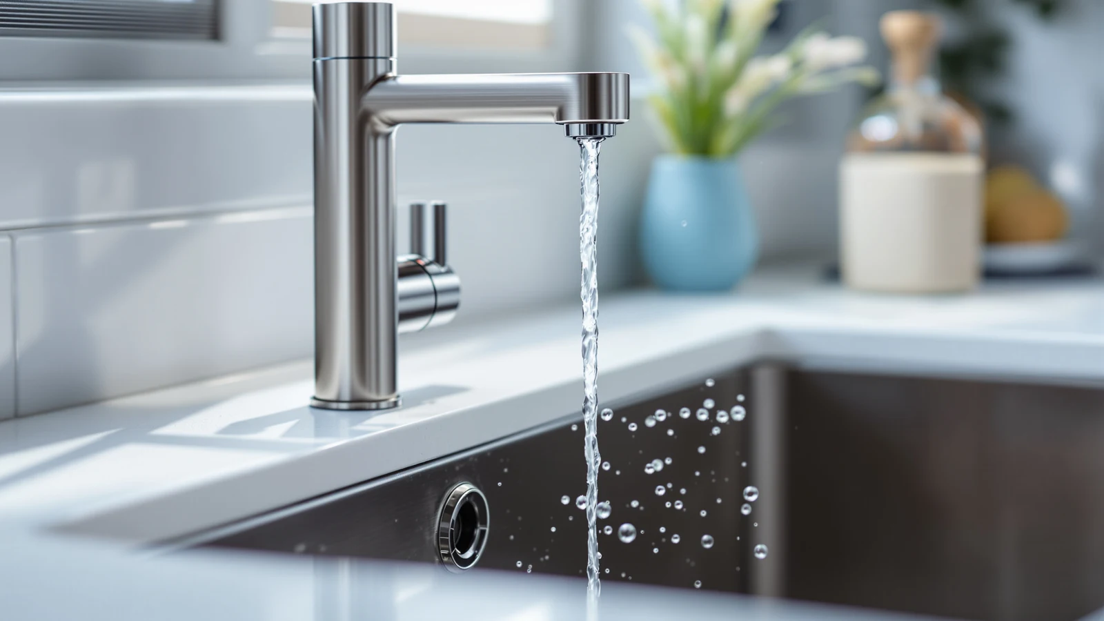 Brushed steel reverse osmosis faucet running a steady stream of filtered water into a stainless steel kitchen sink