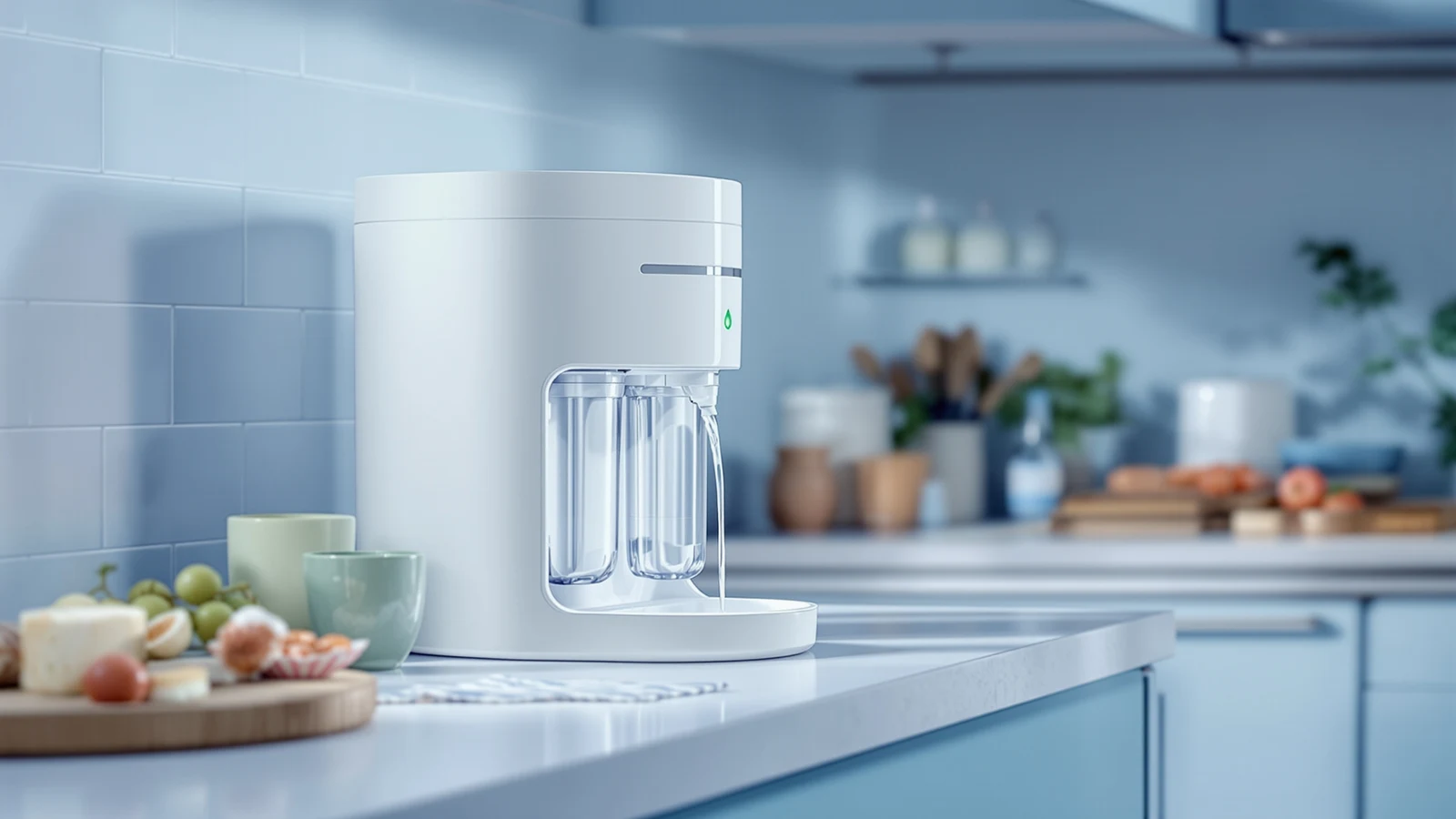 Countertop reverse osmosis water purifier beside a compact tankless under-sink unit, both marketed with a self-cleaning auto-flush cycle