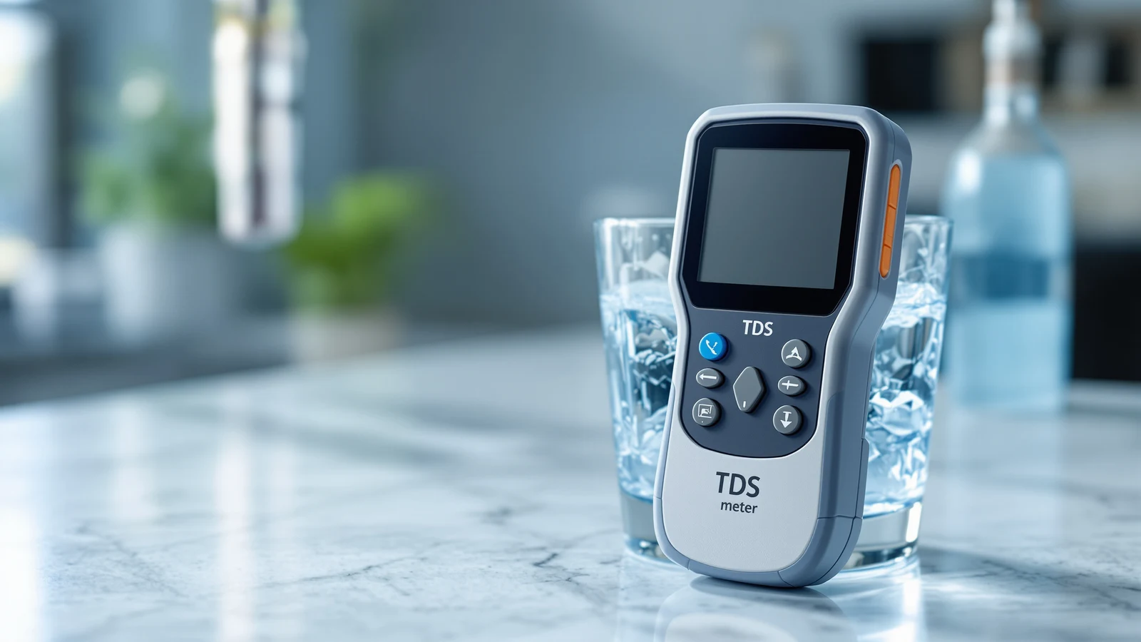 A handheld TDS meter reading a low number in a glass of water beside an under-sink reverse osmosis faucet