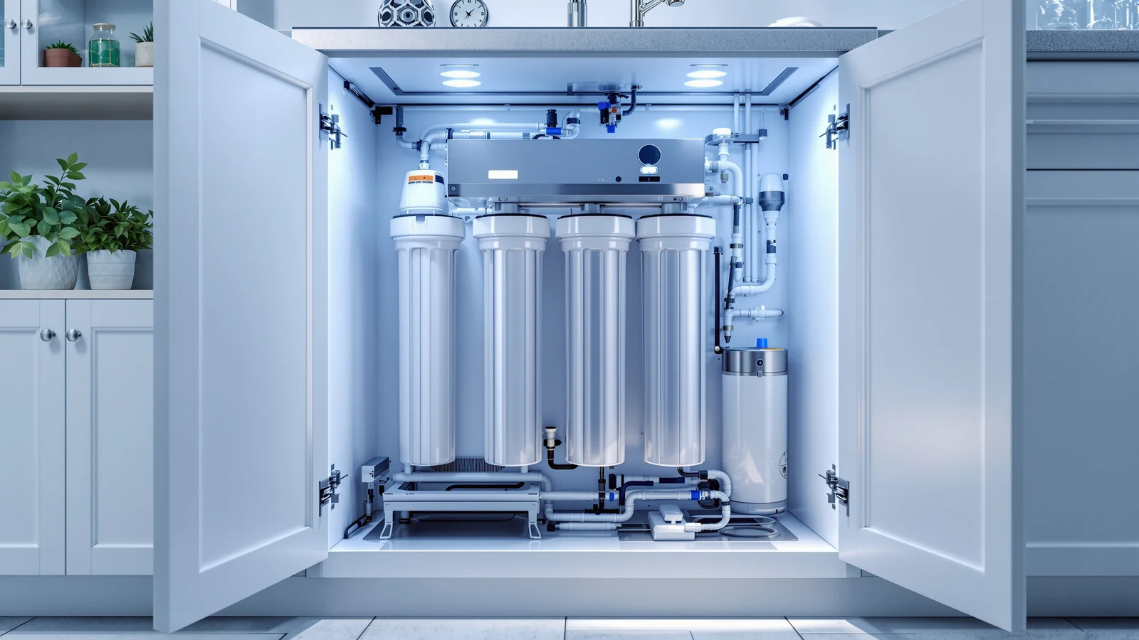 Large-capacity under-sink reverse osmosis system with multiple filter housings and a tankless membrane unit, sized for whole-building water production