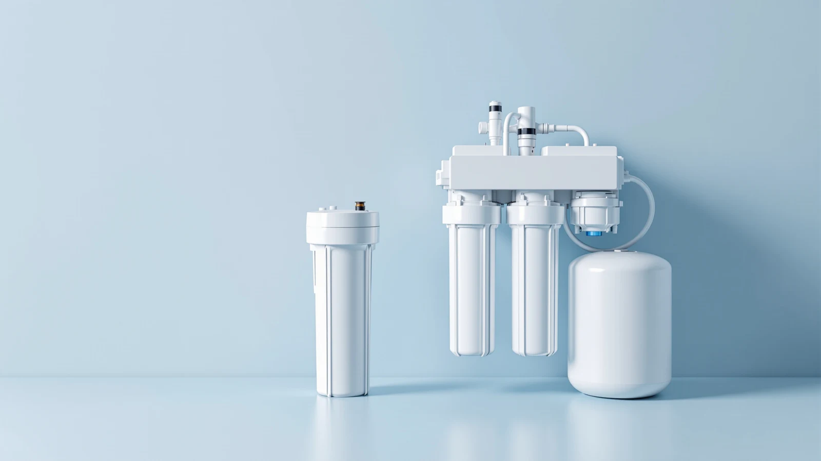 Under-sink carbon water filter cartridges next to a reverse osmosis membrane housing on a kitchen counter