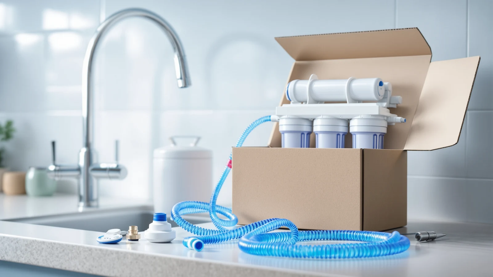 Reverse osmosis installation kit parts — tubing, valve fittings, and a faucet — laid out on a counter before installation