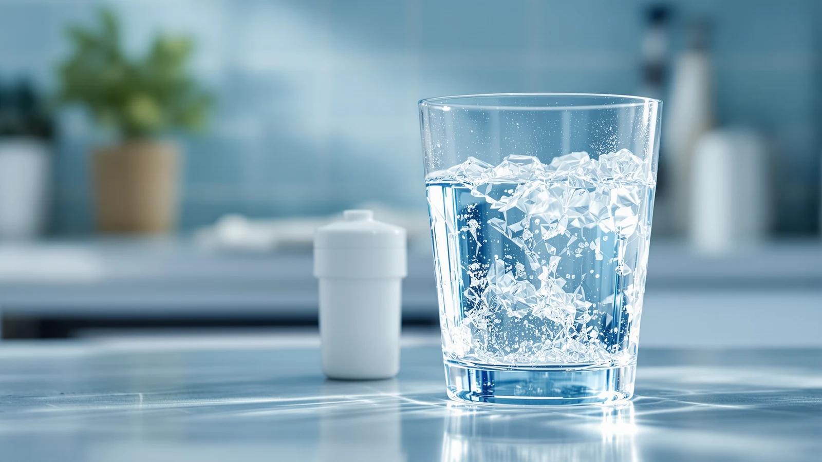 A glass of water being filled from a reverse osmosis faucet next to an under-sink filter system